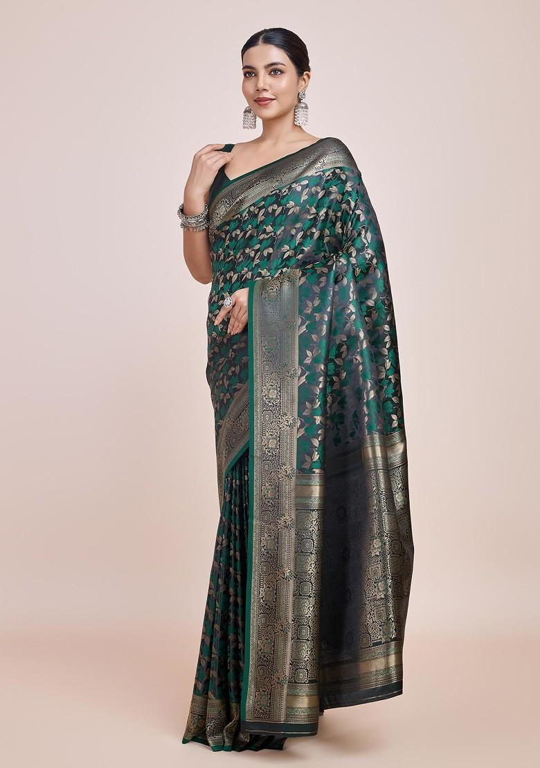 Dark Green Zari Woven Banarasi Silk Saree Set