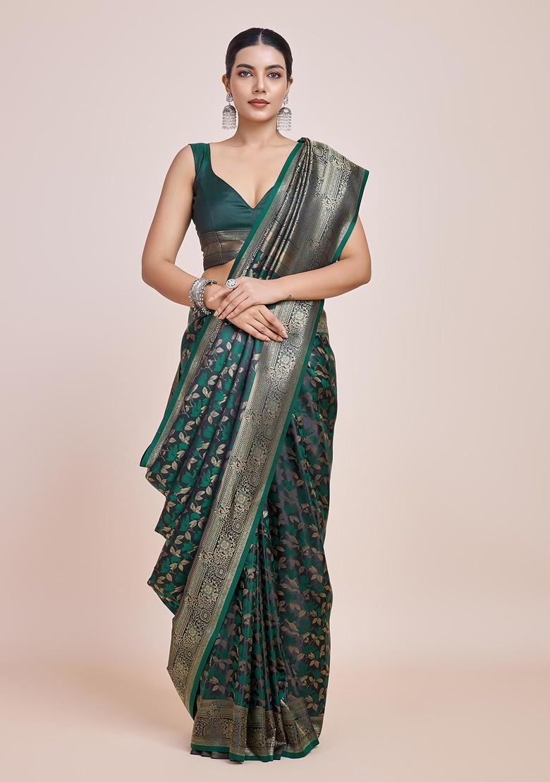 Dark Green Zari Woven Banarasi Silk Saree Set