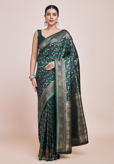 Dark Green Zari Woven Banarasi Silk Saree Set