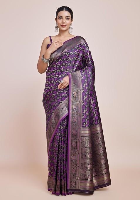 Dark Purple Zari Woven Banarasi Silk Saree Set