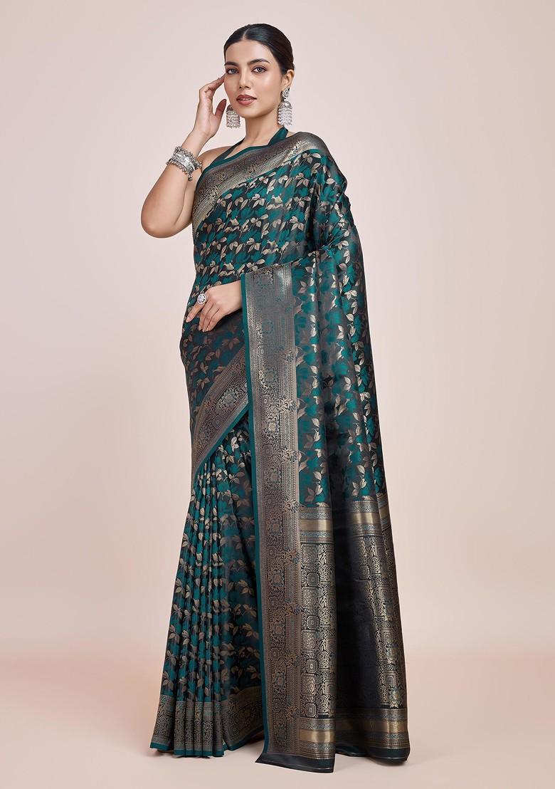 Dark Teal Zari Woven Banarasi Silk Saree Set