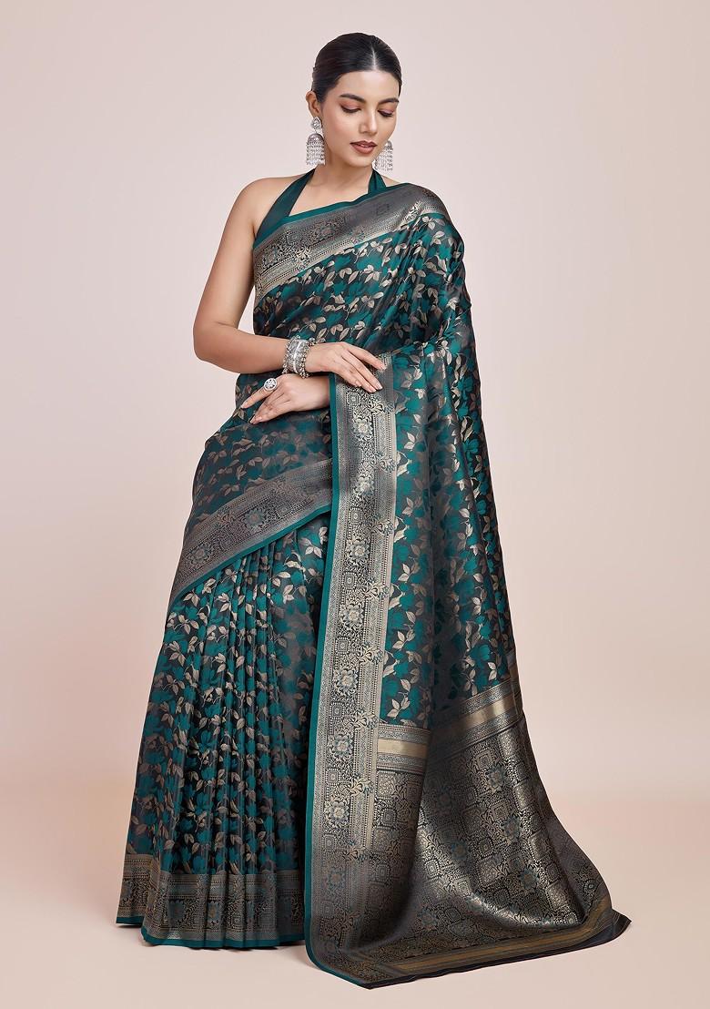 Dark Teal Zari Woven Banarasi Silk Saree Set