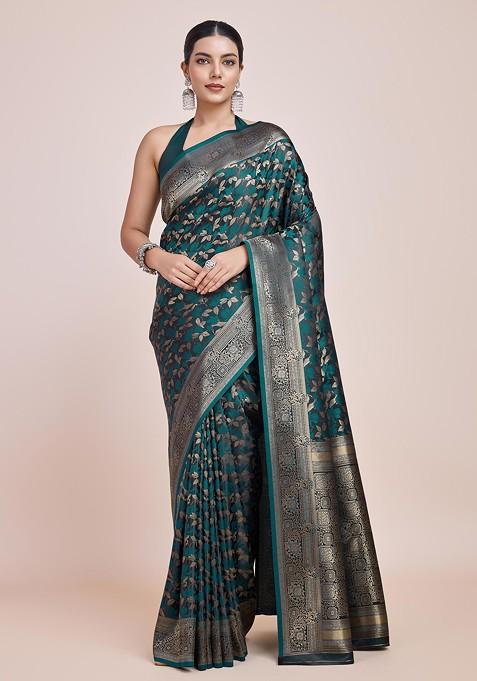 Dark Teal Zari Woven Banarasi Silk Saree Set