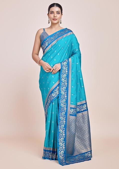 Sky Blue Zari Woven Banarasi Silk Saree Set