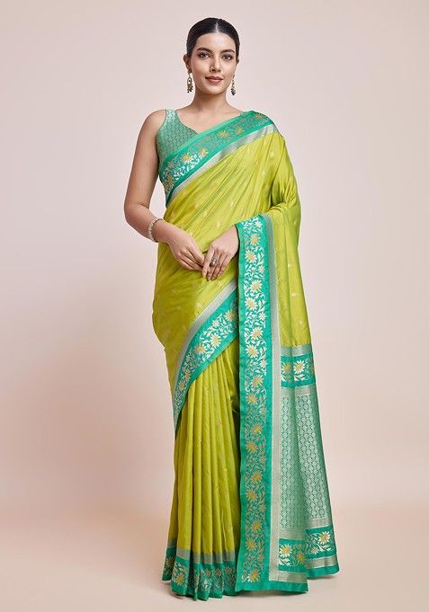 Parrot Green Zari Woven Banarasi Silk Saree Set