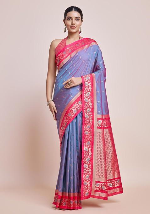 Violet Zari Woven Banarasi Silk Saree Set