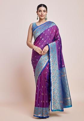 Purple Zari Woven Banarasi Silk Saree Set
