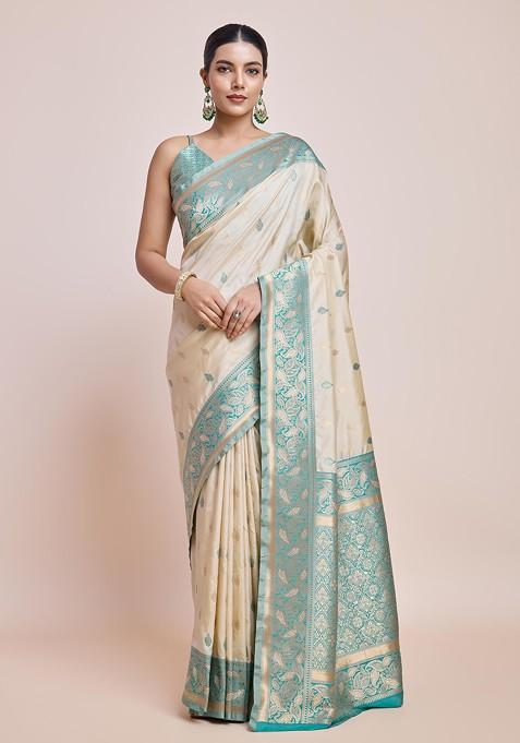 Cream Zari Woven Banarasi Silk Saree Set