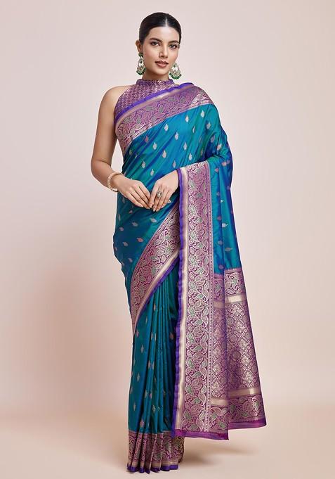 Teal Zari Woven Banarasi Silk Saree Set