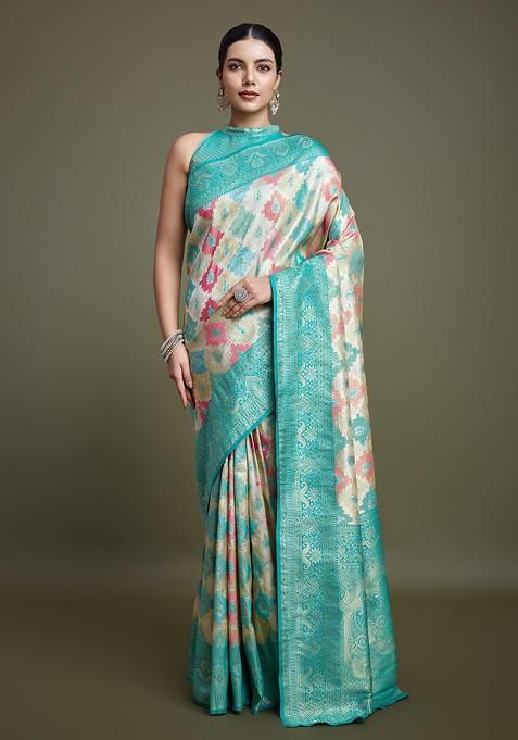 Turquoise Zari Woven Banarasi Silk Saree Set