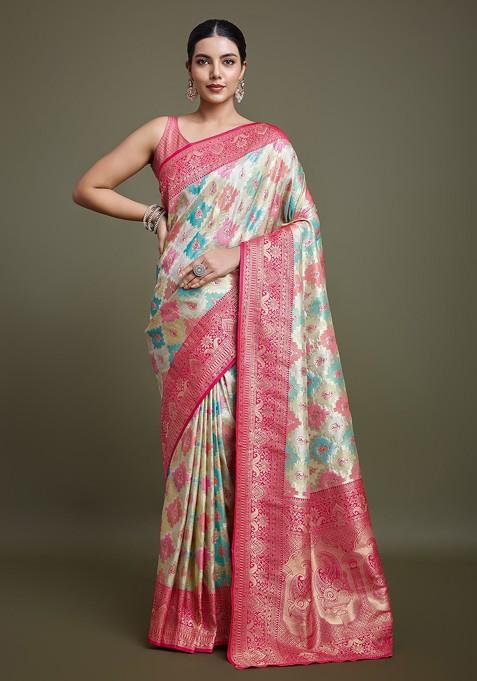 Pink Zari Woven Banarasi Silk Saree Set