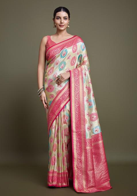 Pink Zari Woven Banarasi Silk Saree Set