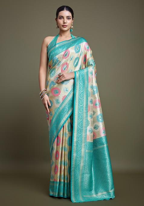 Turquoise Zari Woven Banarasi Silk Saree Set