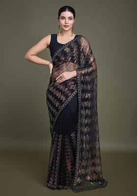 Black Sequin Embroidered Net Saree Set