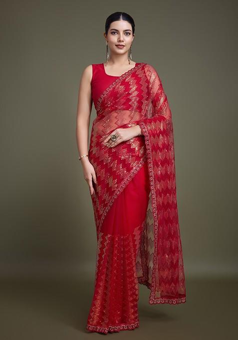 Red Sequin Embroidered Net Saree Set