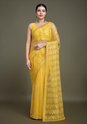 Yellow Sequin Embroidered Net Saree Set