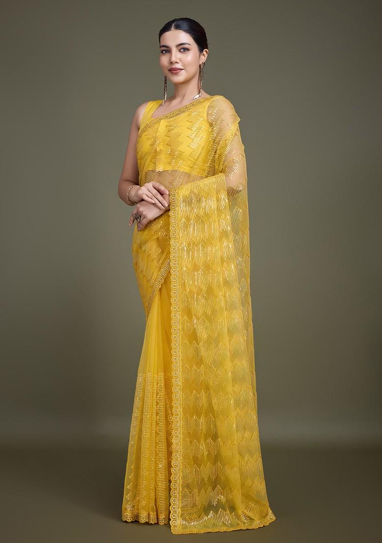 Yellow Sequin Embroidered Net Saree Set