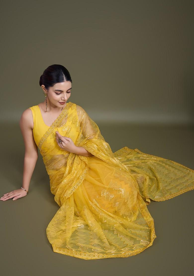 Yellow Sequin Embroidered Net Saree Set