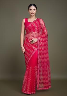 Dark Pink Sequin Embroidered Net Saree Set