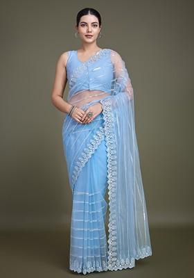 Light Blue Sequin Embroidered Net Saree Set