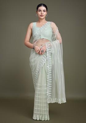 Light Green Sequin Embroidered Net Saree Set