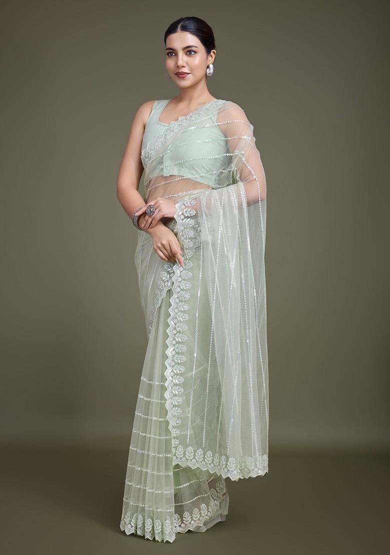 Light Green Sequin Embroidered Net Saree Set