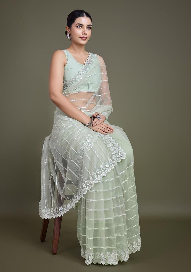Light Green Sequin Embroidered Net Saree Set