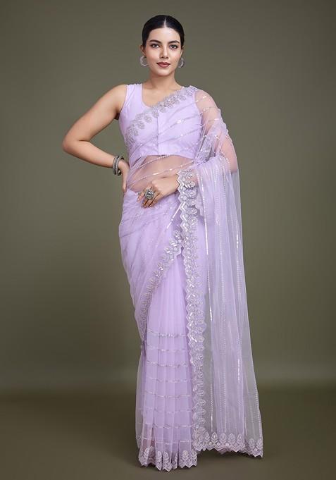 Lavender Sequin Embroidered Net Saree Set