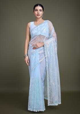 Light Grey Sequin Embroidered Net Saree Set