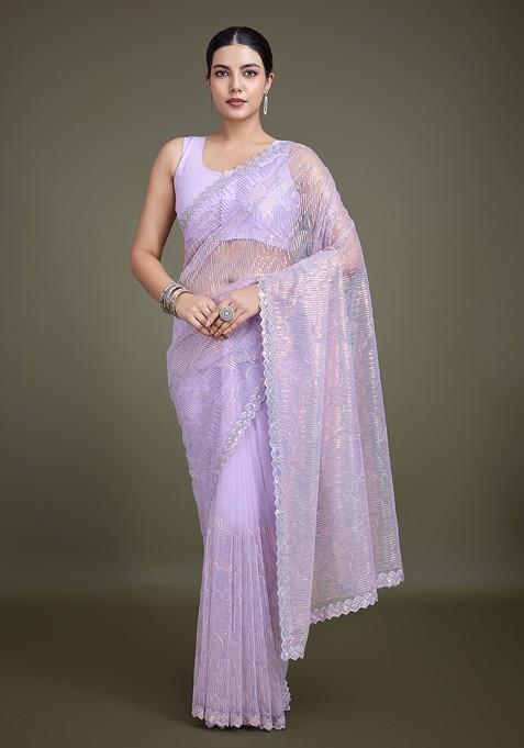 Lavender Sequin Embroidered Net Saree Set