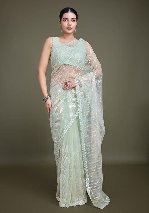 Light Green Sequin Embroidered Net Saree Set