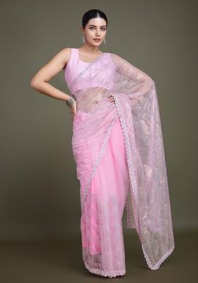 Light Pink Sequin Embroidered Net Saree Set