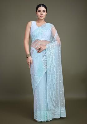 Sky Blue Sequin Embroidered Net Saree Set