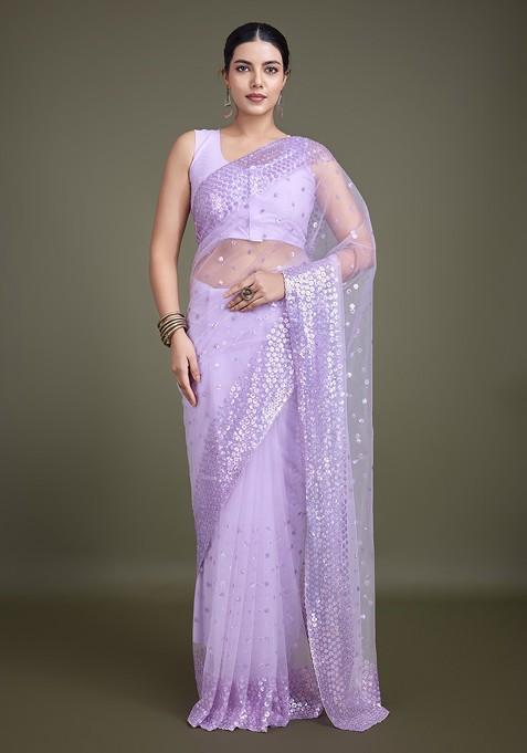 Lavender Sequin Embroidered Net Saree Set