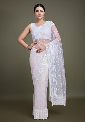 Cream Sequin Embroidered Net Saree Set
