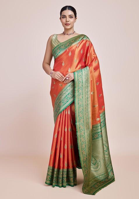 Orange Zari Woven Tissue Silk Saree Set