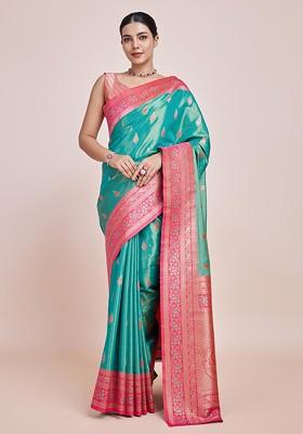 Turquoise Zari Woven Tissue Silk Saree Set