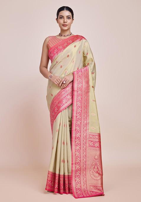 Cream Zari Woven Tissue Silk Saree Set