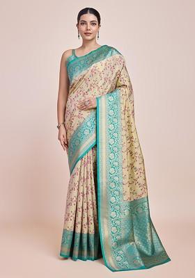 Cream Zari Woven Tissue Silk Saree Set