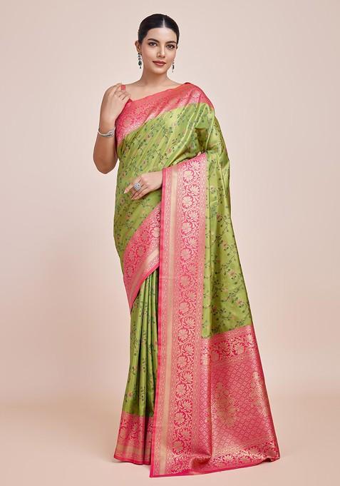 Parrot Green Zari Woven Tissue Silk Saree Set