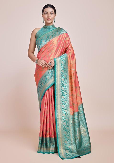 Peach Zari Woven Tissue Silk Saree Set