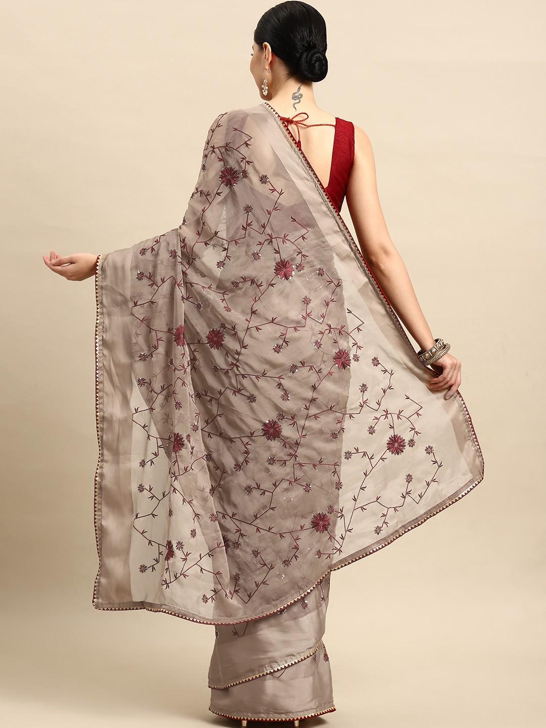 Beige Sequin Embroidered Georgette Saree