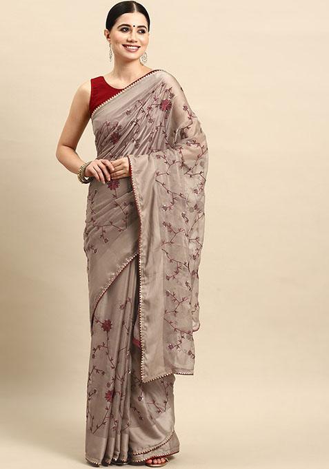 Beige Sequin Embroidered Georgette Saree