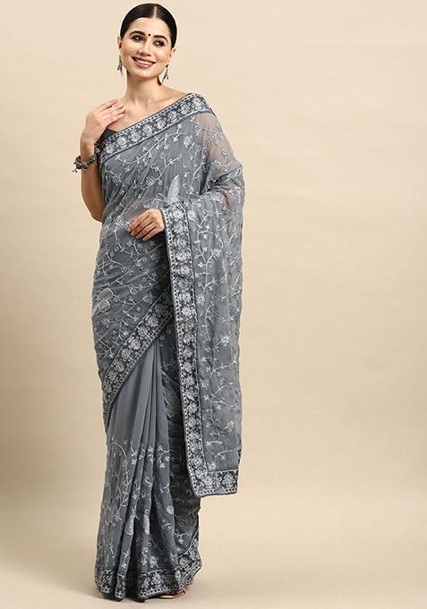 Grey Embellished Georgette Saree