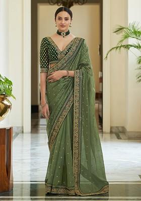 Olive Green Embroidered Organza Saree Set