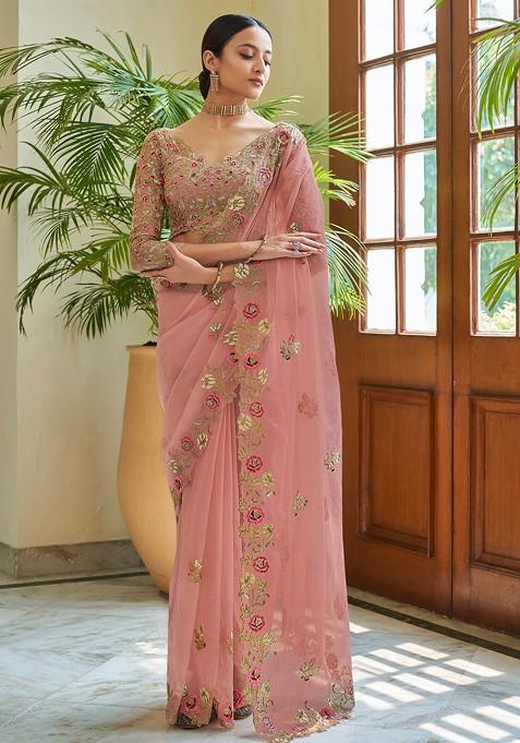 Peach Embroidered Organza Saree Set