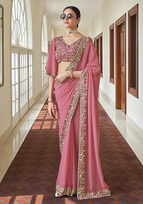Pink Embroidered Georgette Saree Set