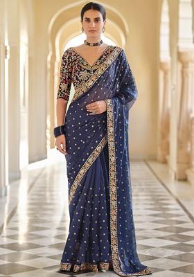 Navy Blue Embroidered Organza Saree Set