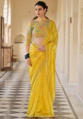 Yellow Embroidered Organza Saree Set