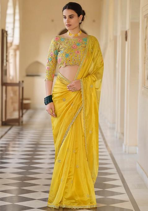 Yellow Embroidered Organza Saree Set